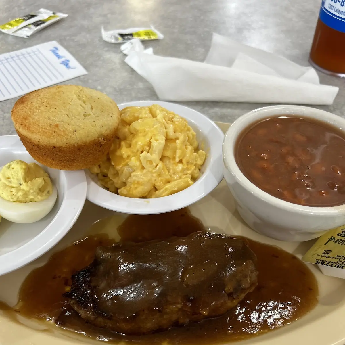 Salisbury Steak Pinto Beans Mac & Cheese Deviled Eggs and Cornbread