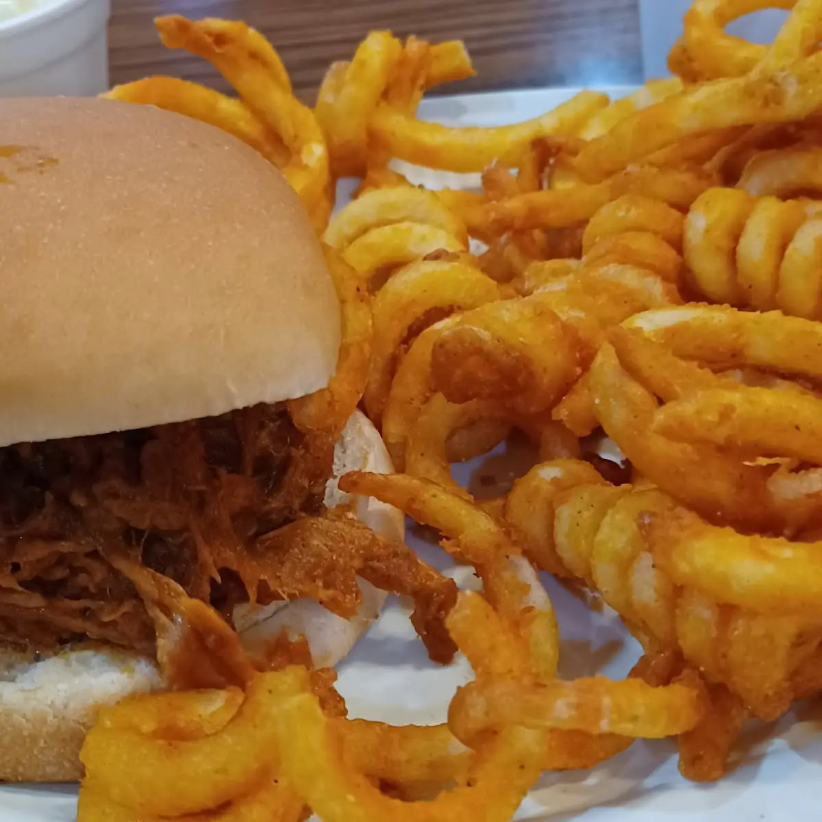 Pork BBQ and Curly Fries