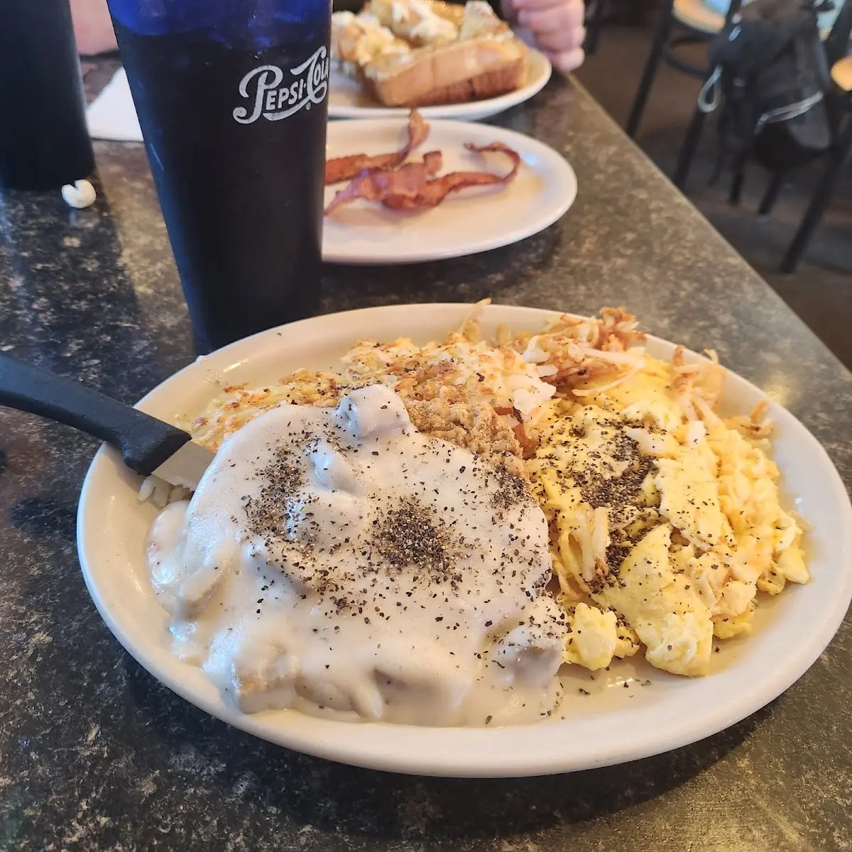 Biscuits and Gravy Hash Browns Scrambled Eggs and Bacon