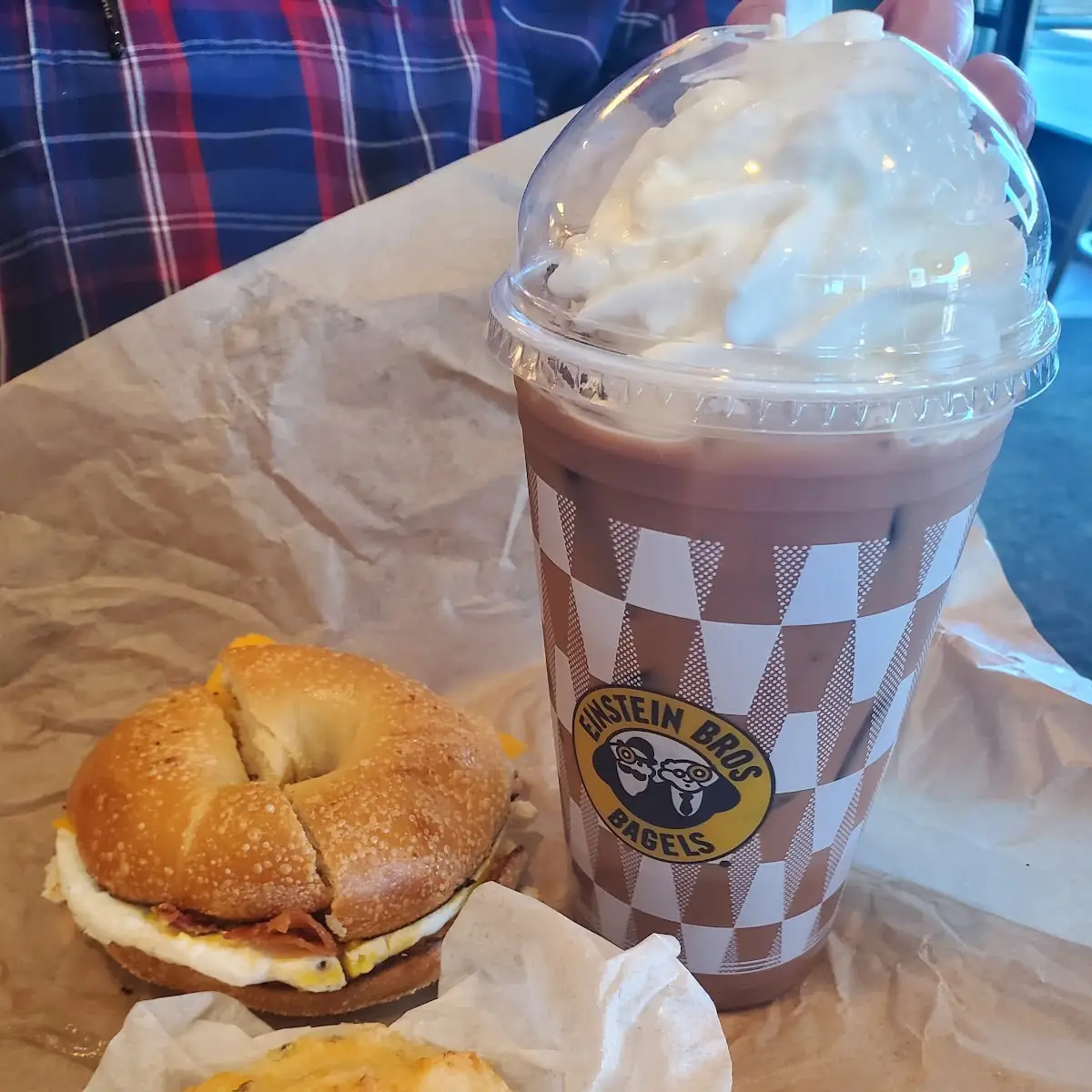 Bacon and Cheddar on a Plain Bagel with Large Mocha