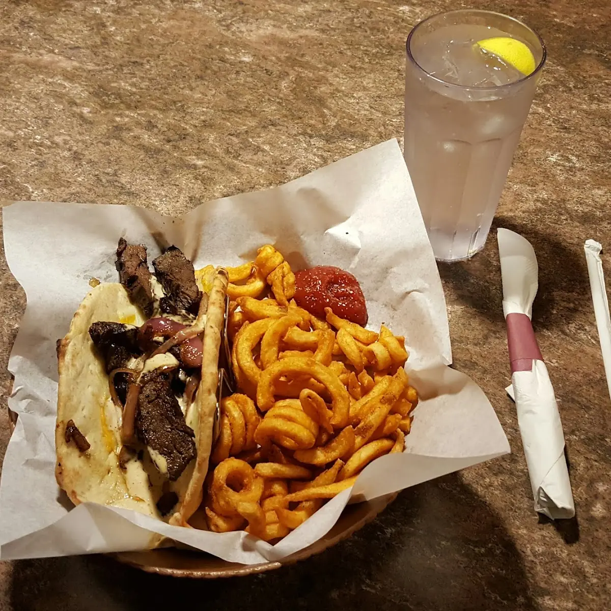 Flatbread Cheese Steak with Curly Fries