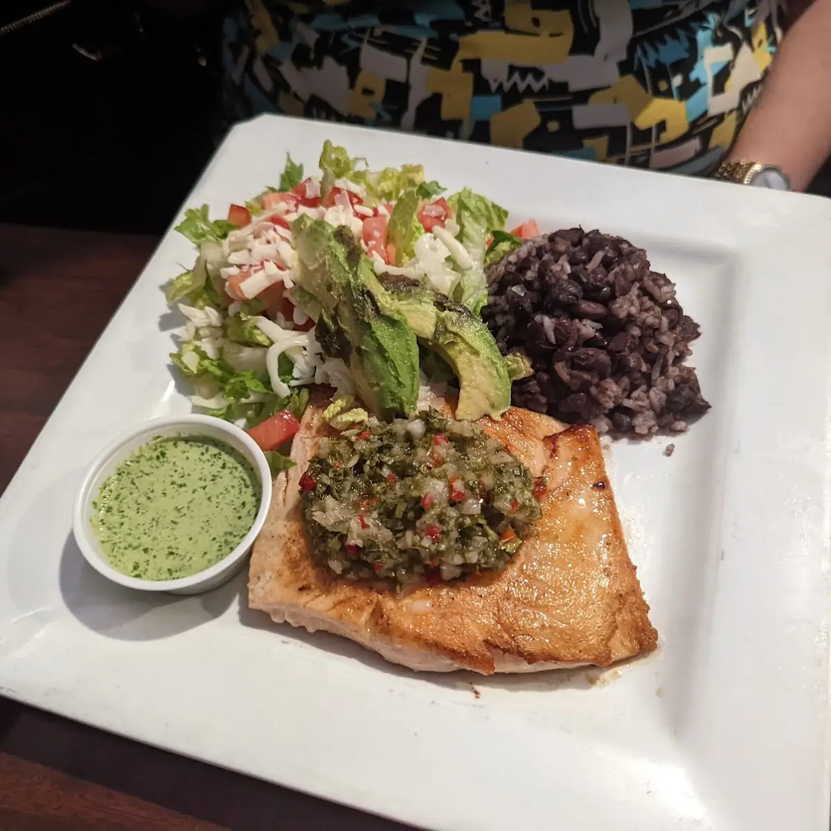 Salmon with Salad and Black Beans and Rice