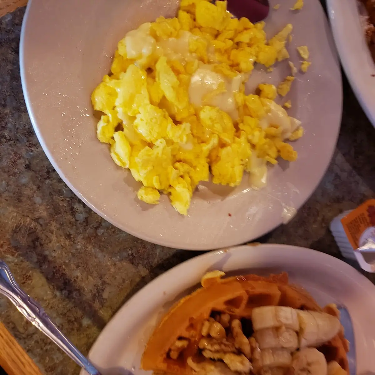 Cheese Eggs Banana an Walnut Belgian Waffle