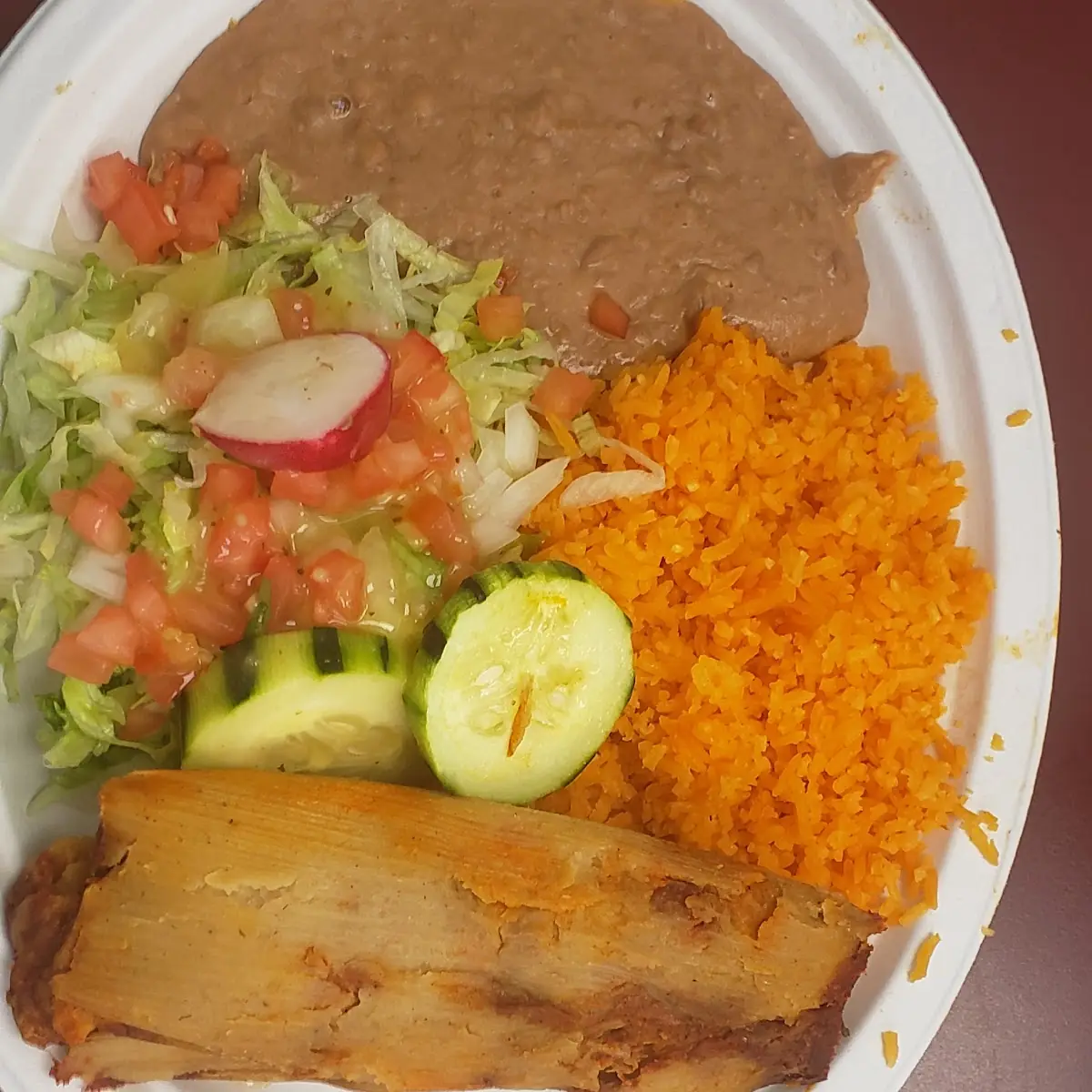 Pork Tamales Refried Beans and Rice