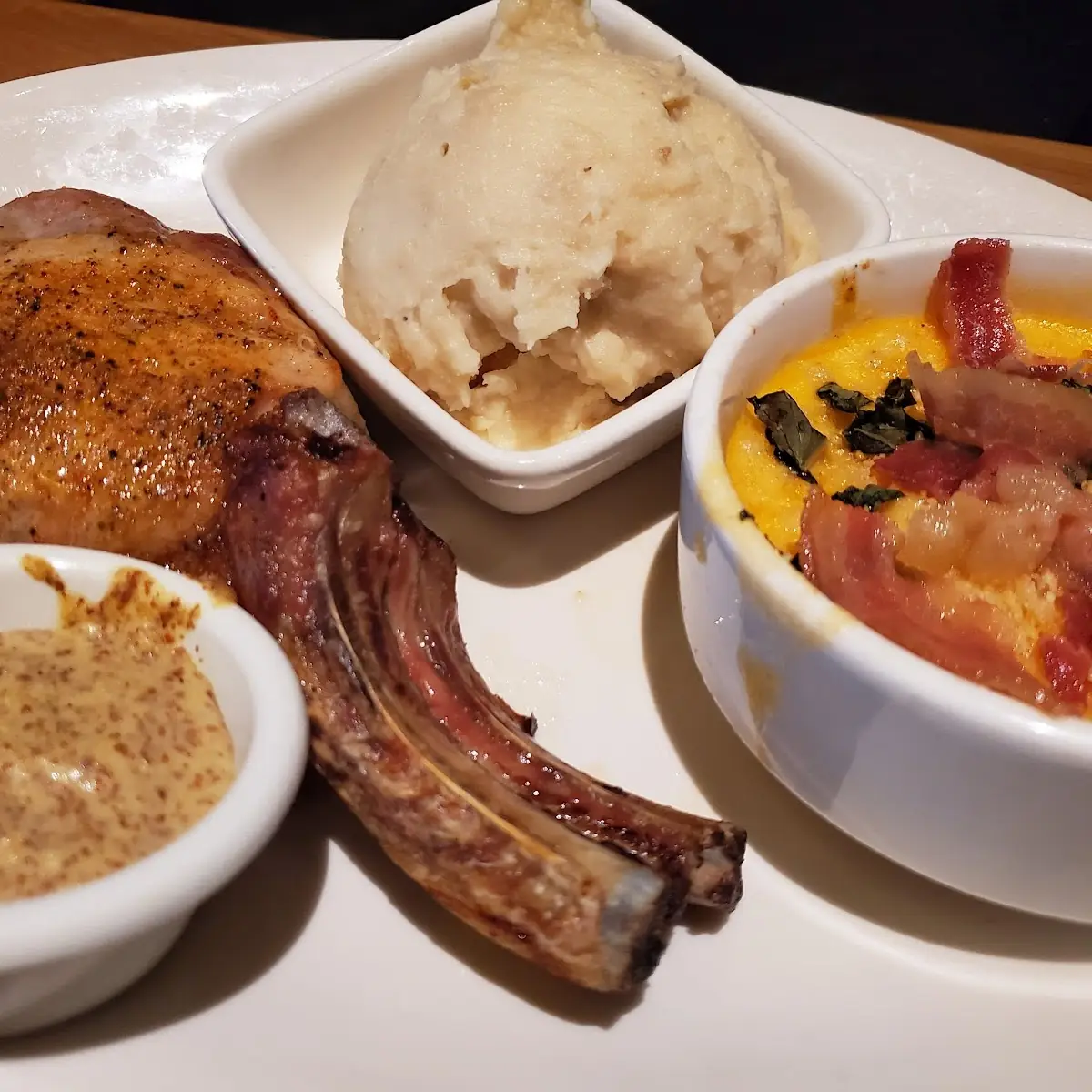 Pork Chops White Cheddar Mashed Potatoes Mac N Cheese Couscous