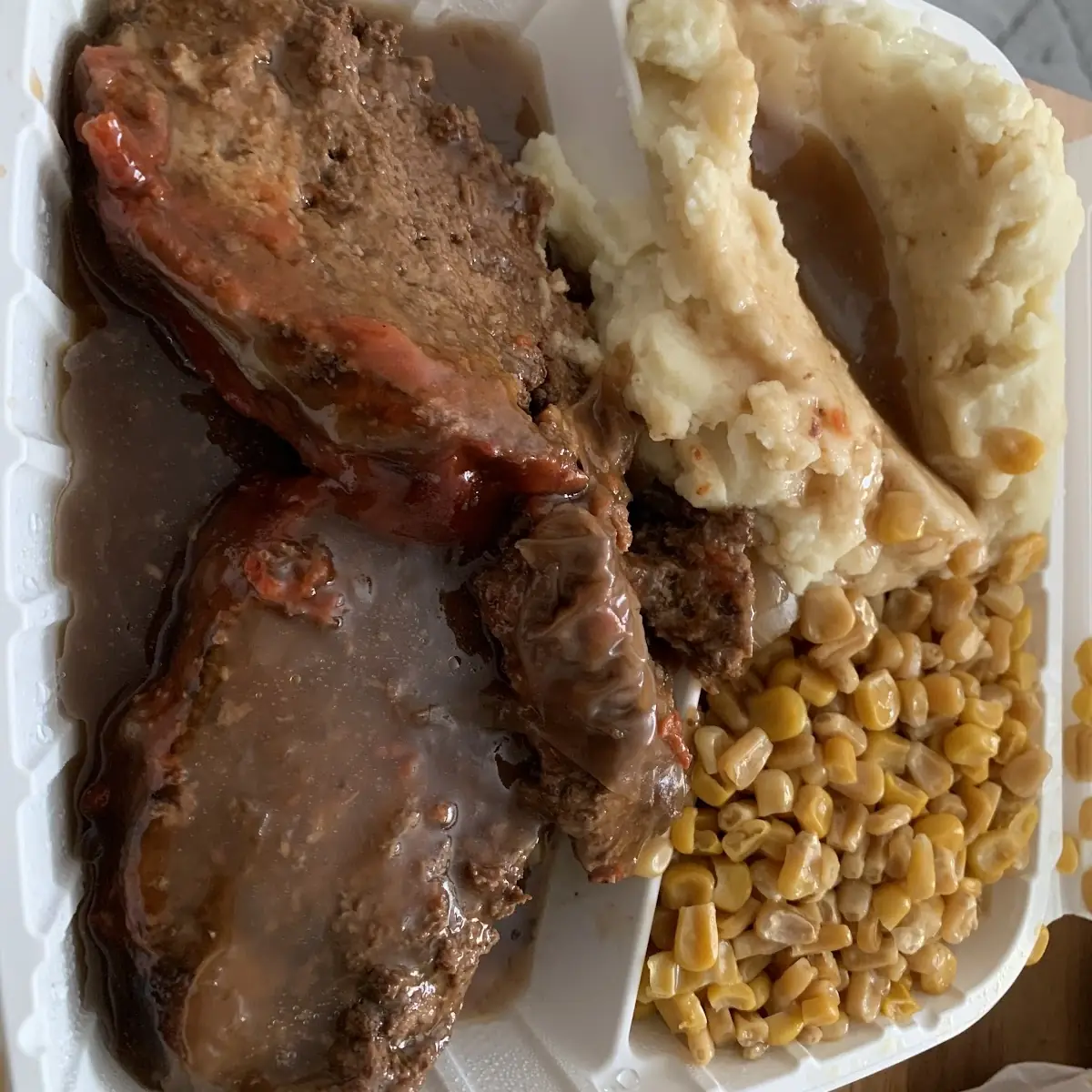 Meatloaf Mashed Potatoes and Gravy and Corn