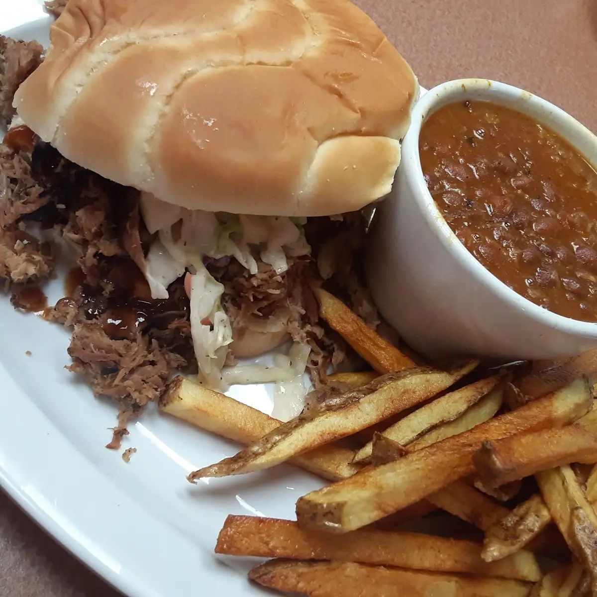 Pulled Pork Sandwich Fries & Baked Beans