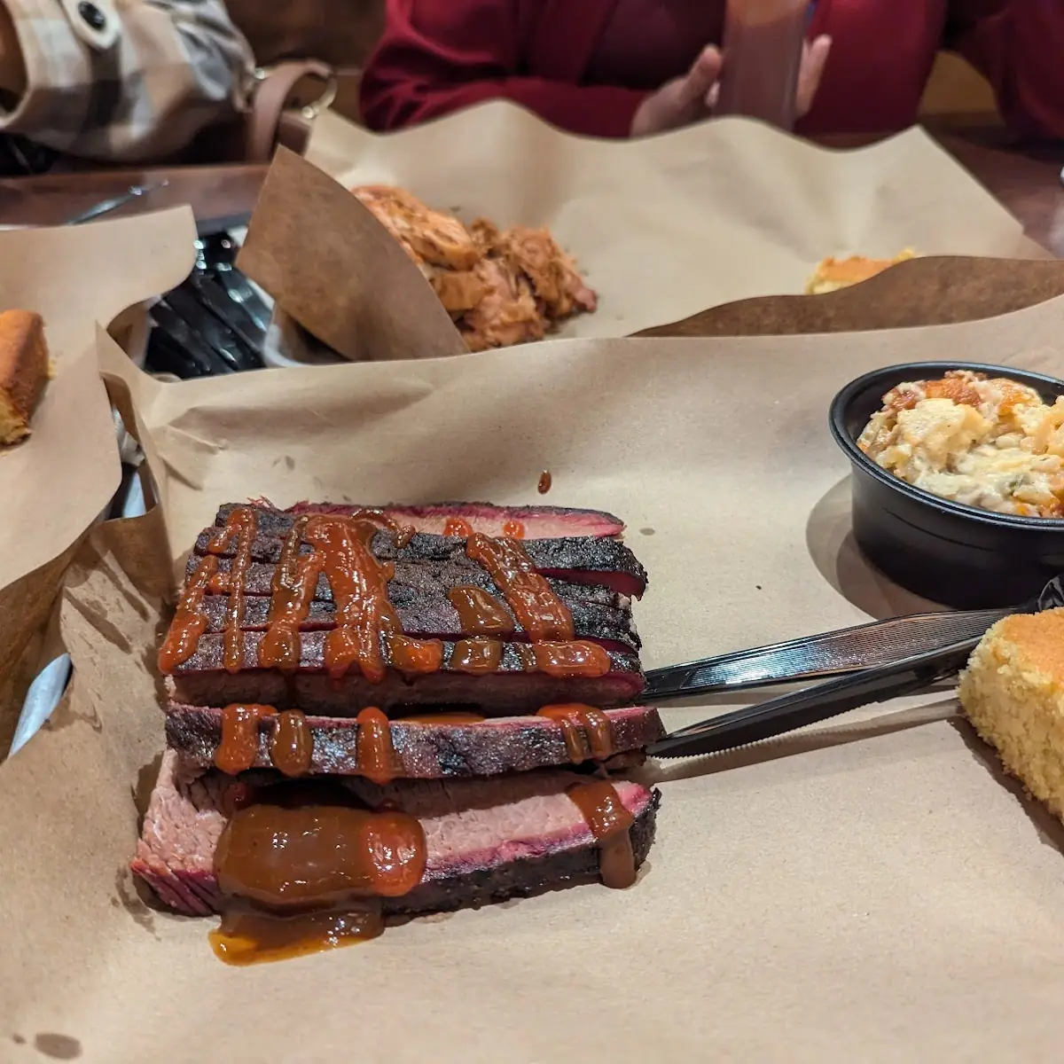Market Sampler 3 Meat Brisket Pulled Pork Sausage with Greens and Peach Cobbler