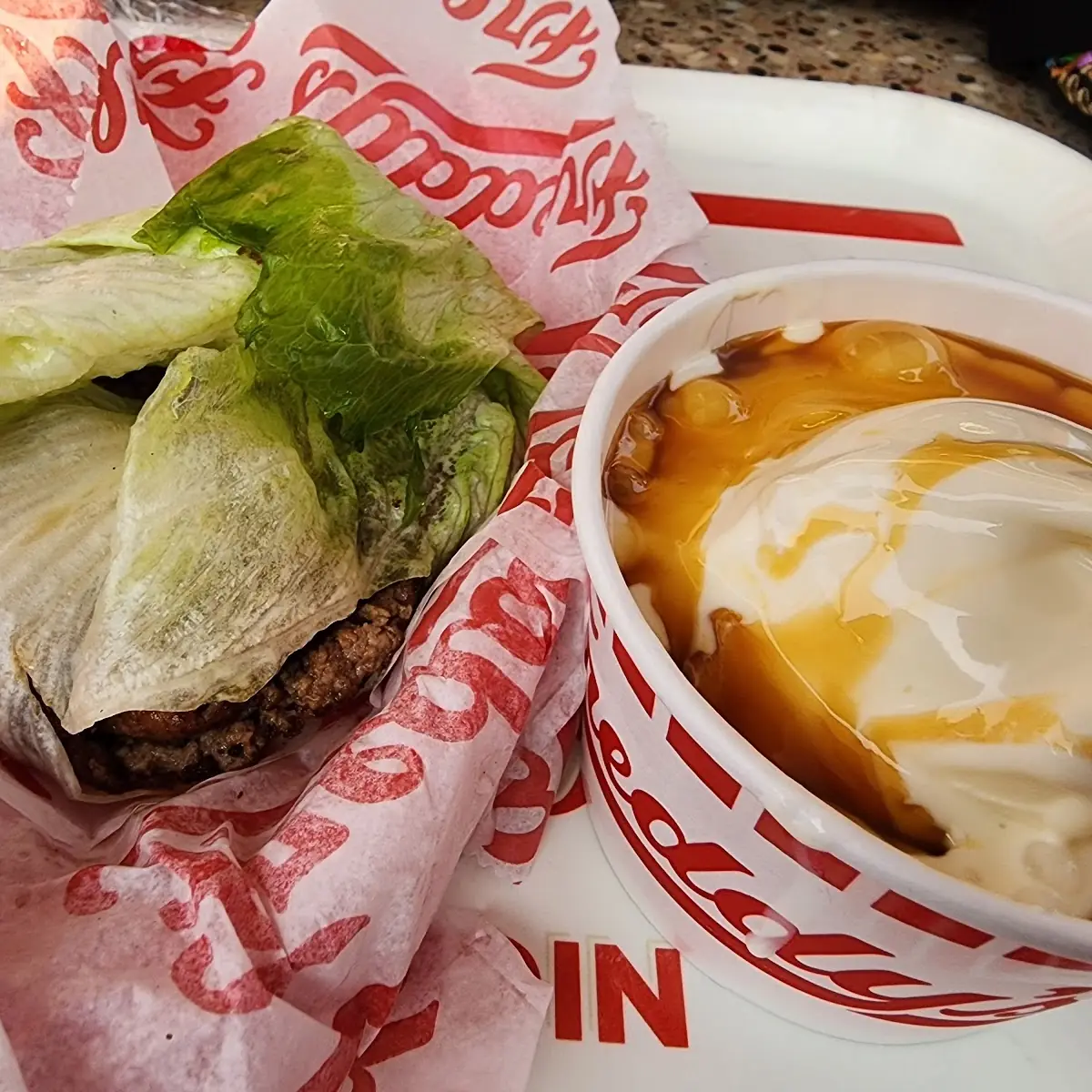 Freddys Double on Lettuce Wrap and a Caramel Sundae