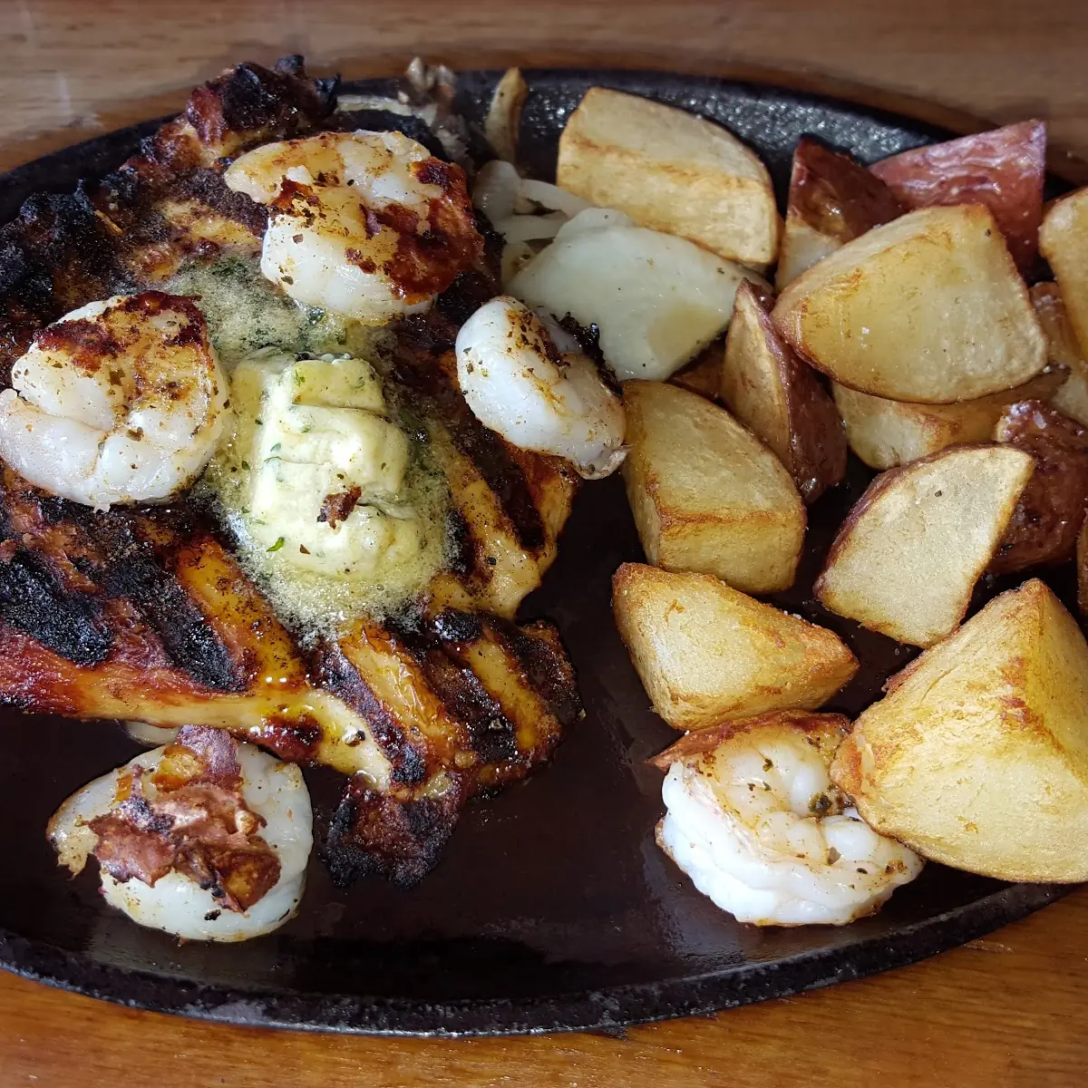 Shrimp and Steak with Fried Potatoes
