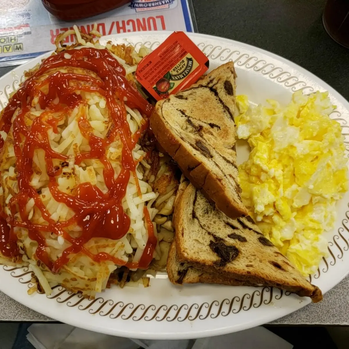 Hashbrowns w Onion Raisin Toast N Scrambled Eggs