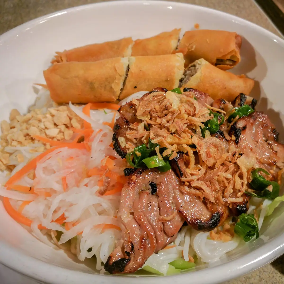 Pork Vermicelli Noodles with Pork Egg Rolls