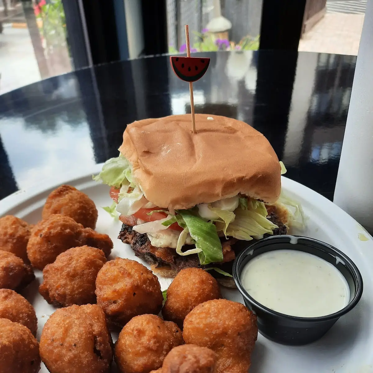 LeConte Bleu Burger and Fried Mushrooms