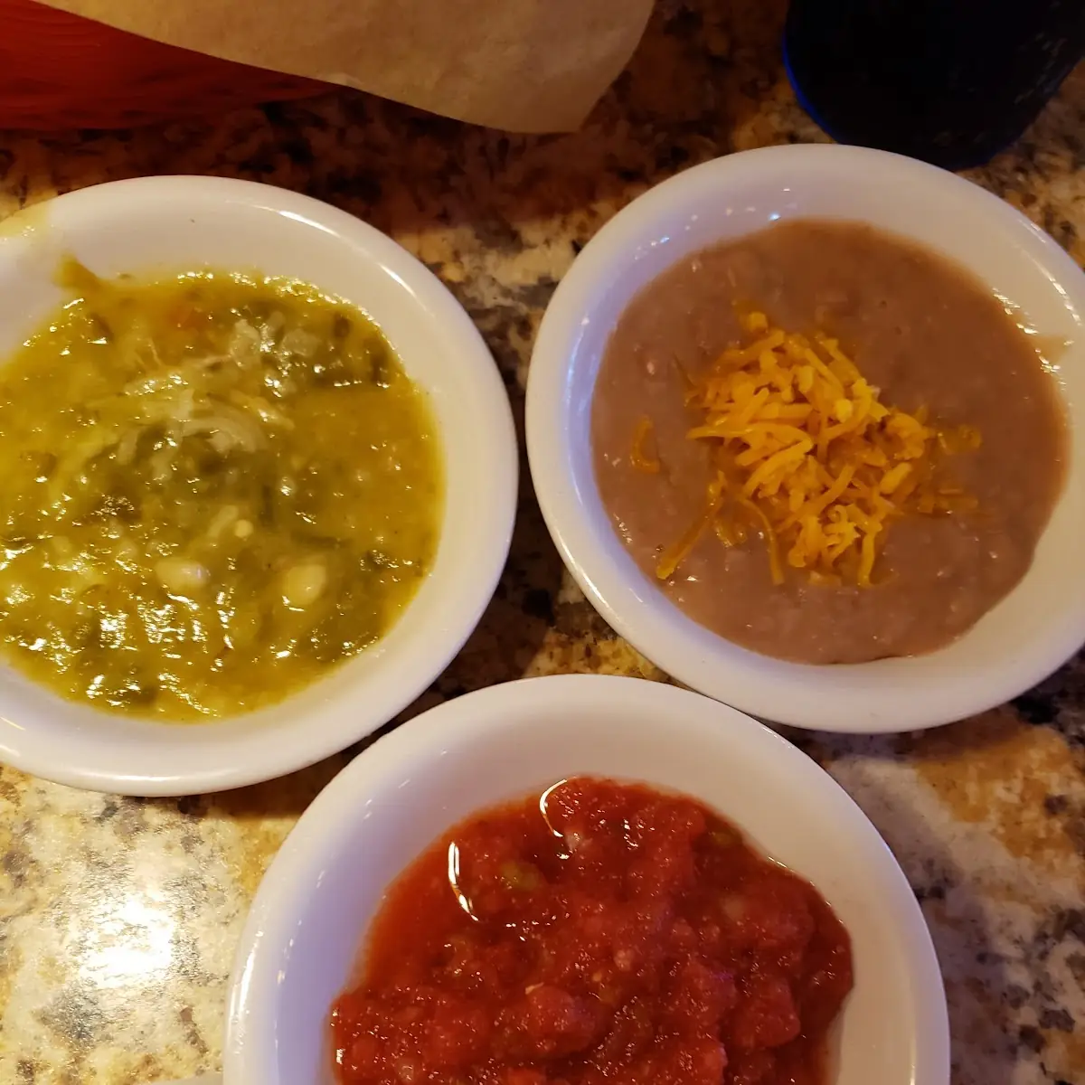 Green Red Salsa and Refried Beans
