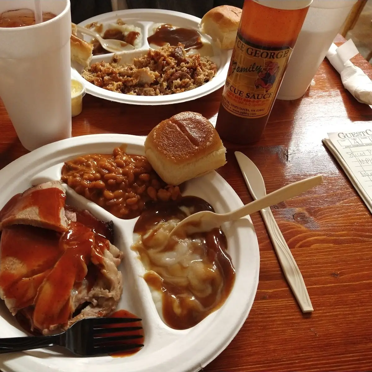 Sliced Pork BBG Baked Beans and Mashed Potatoes with Gravy