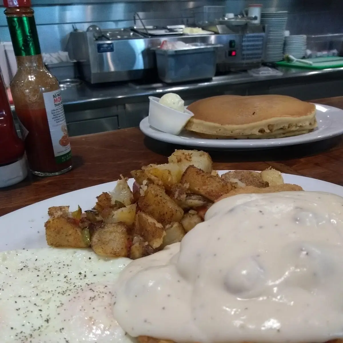 Chicken Fried Steak and Eggs Home Potatoes Pancakes