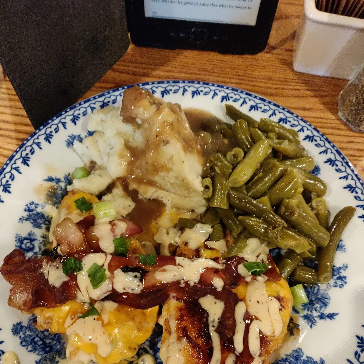 Maple Bacon Chicken Breasts Mashed Potatoes with Gravy and Green Beans