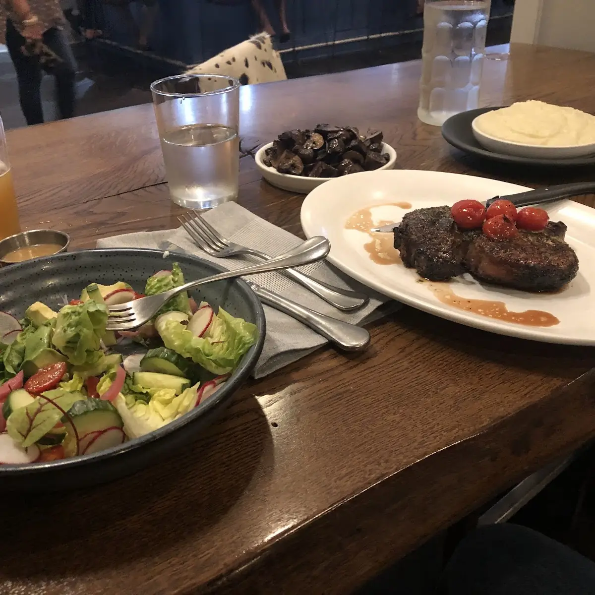 Salad Ribeye Steak Sauteed Mushrooms Mashed Potatoes