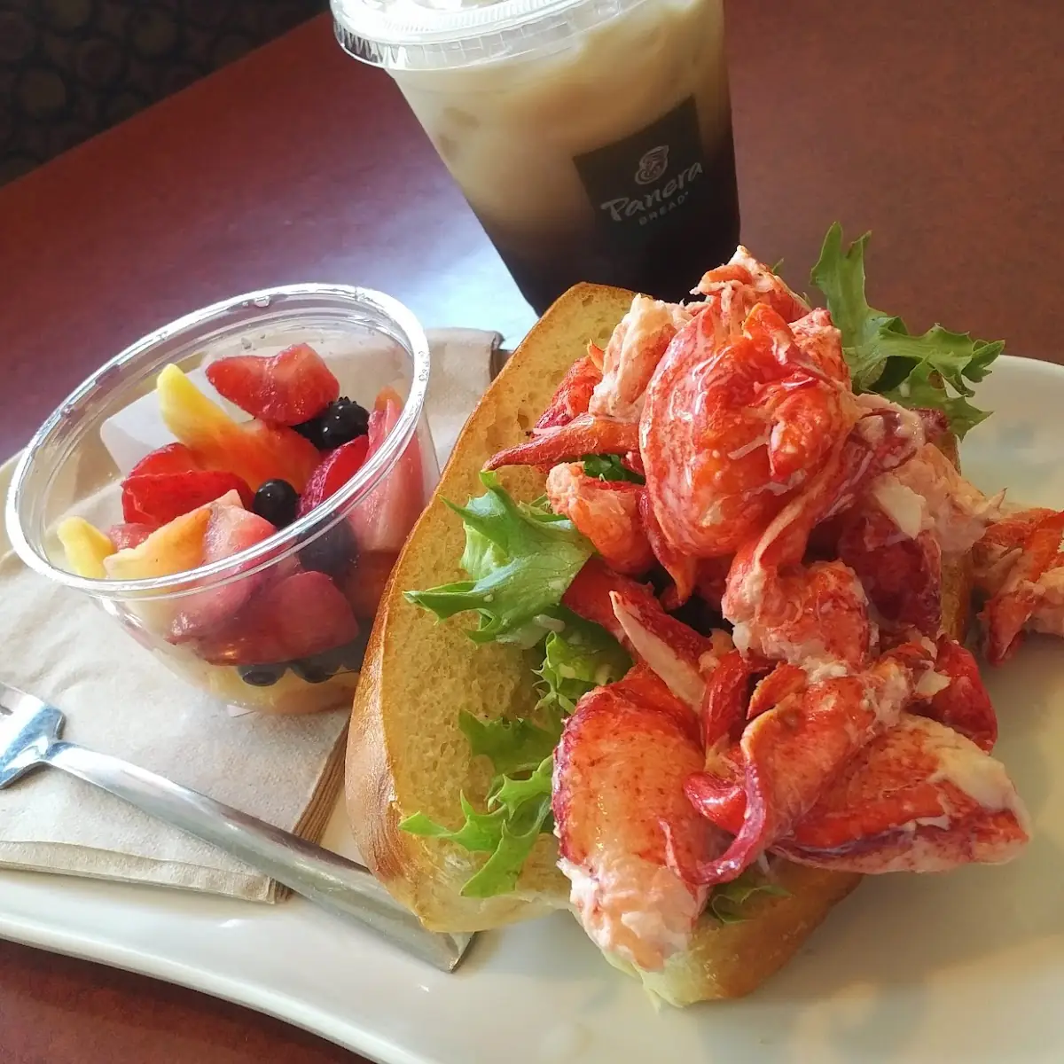 Lobster Roll with Fruit Cup and Vanilla Latte