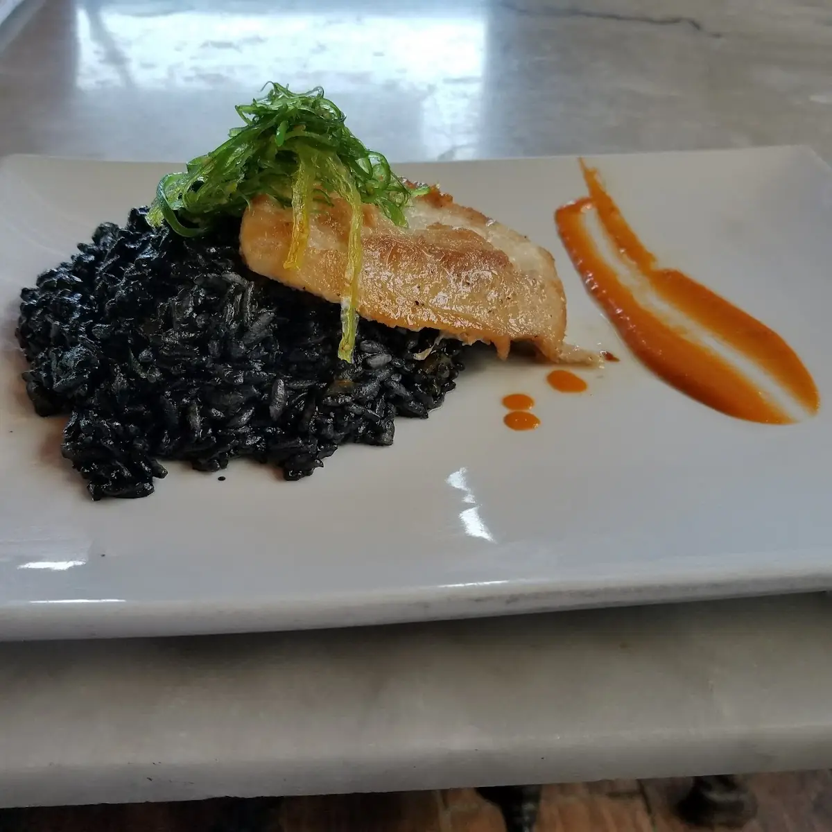 Squid Ink Rice with Fish Filet