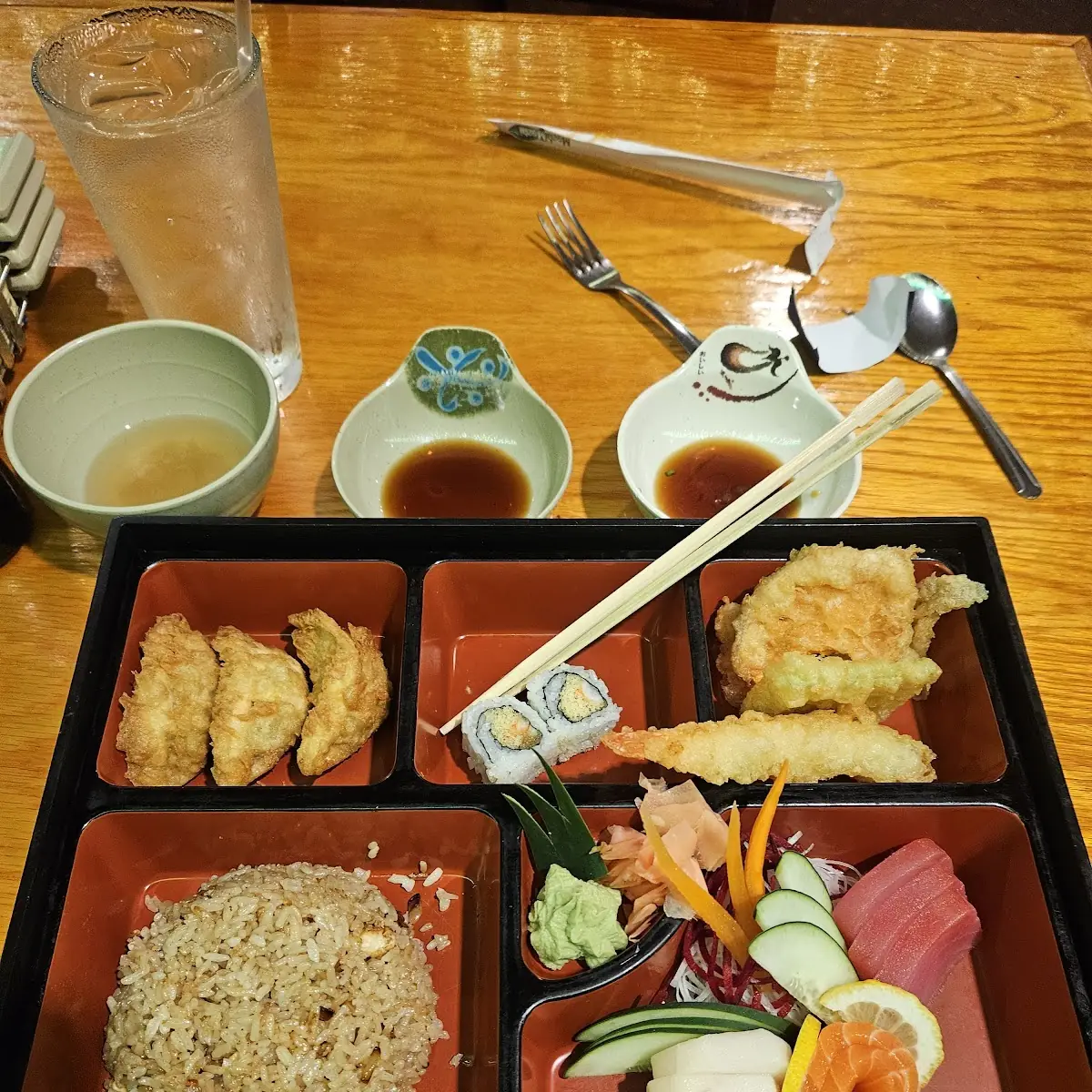 Beef Teriyaki with Fried Rice Egg Roll Tempura Vegetables