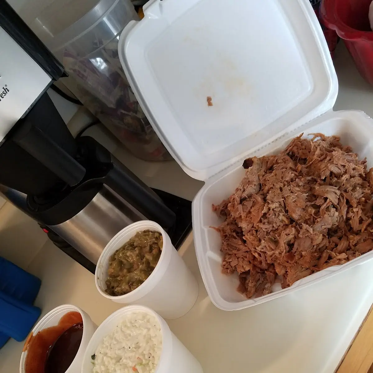 Pulled Pork 2lbs Extra Sauce Cole Slaw and Potato Salad