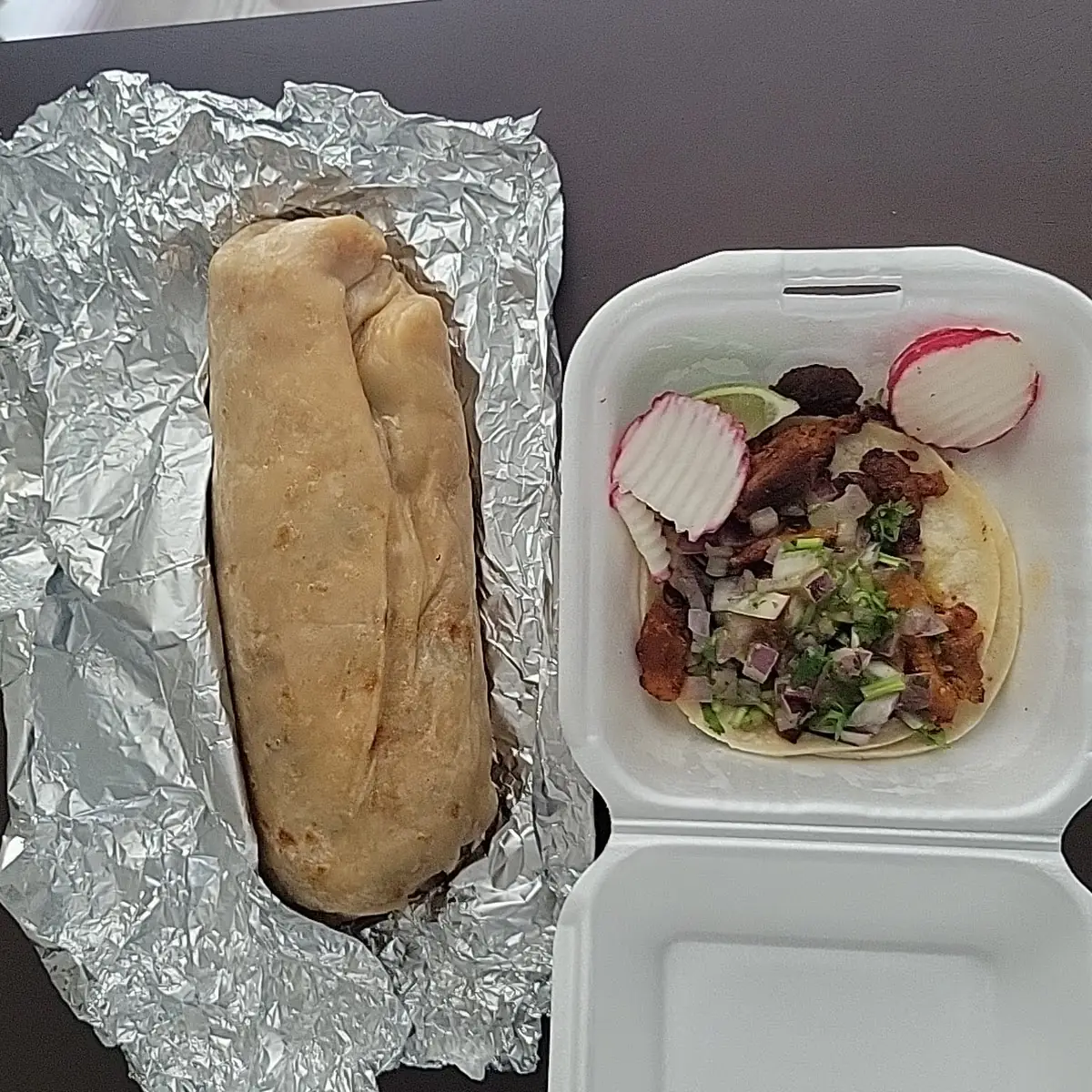 Chicken Burrito and a Pastor Taco