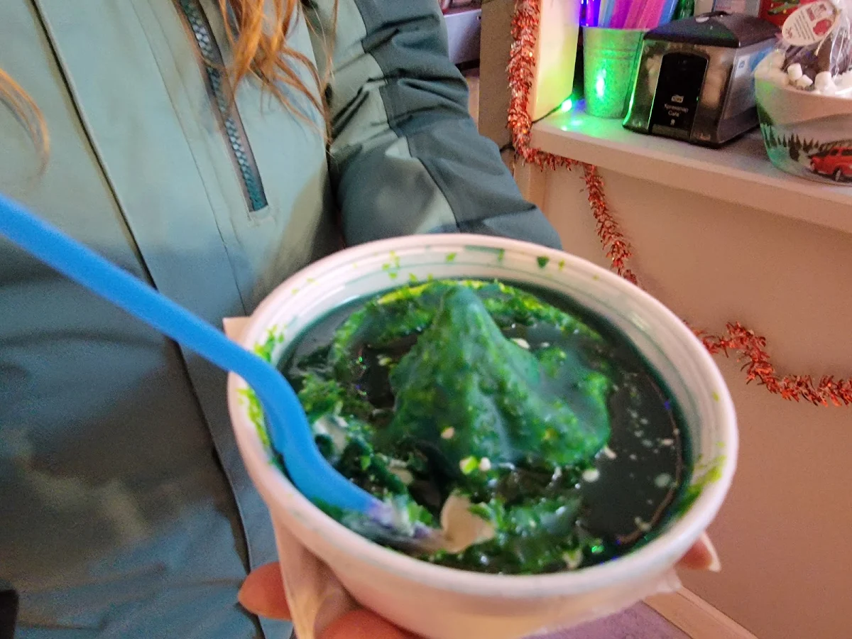 Vanilla Soft Serve with Blue Raspberry Hard Coat and Green Edible Glitter