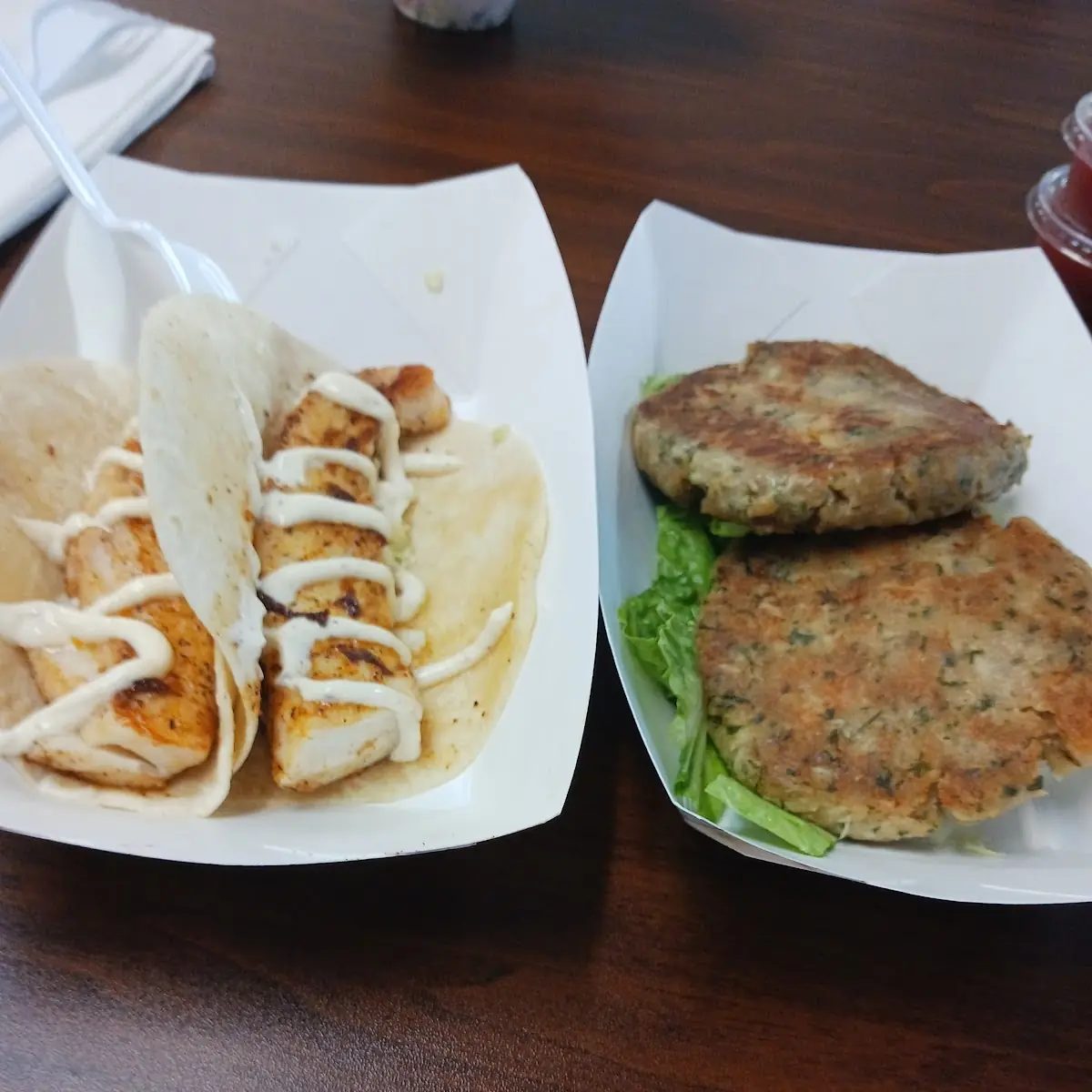 Grouper Tacos and Crab Cakes
