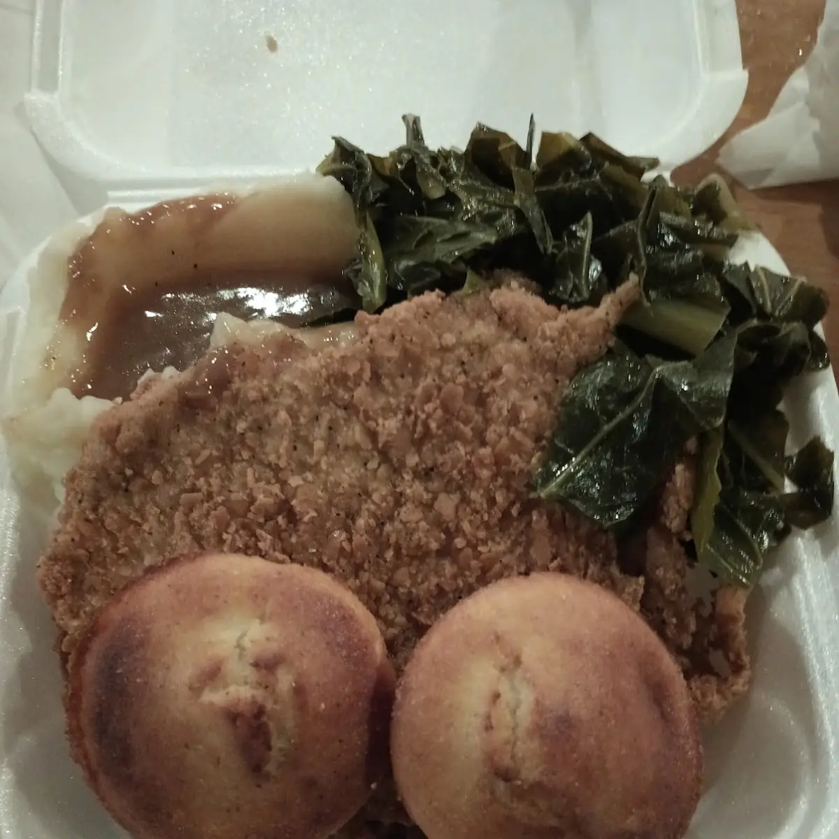 Pork Chop Mashed Potatoes Gravy and Collard Greens