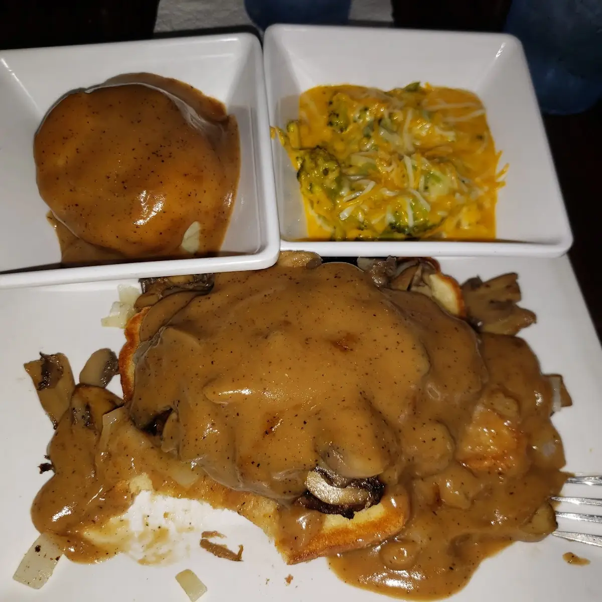 Chopped Steak with Mashed Potatoes and Broccoli Cheese Casserole