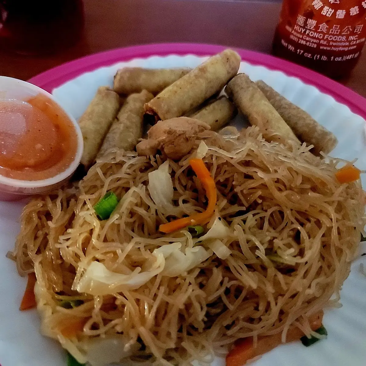 Pancit Bihon and 5 Egg Rolls