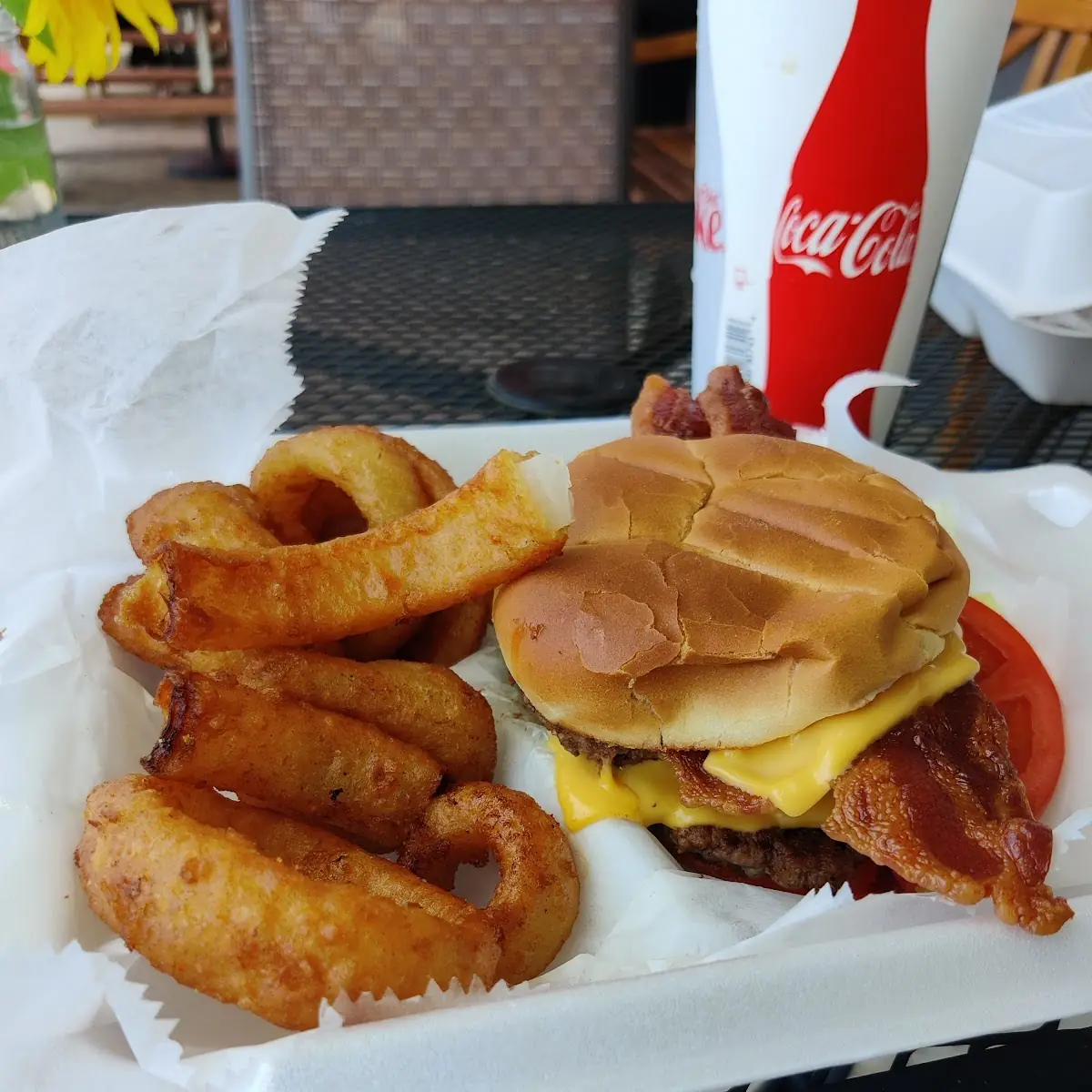 Bacon Double Cheeseburger with Onion Rings
