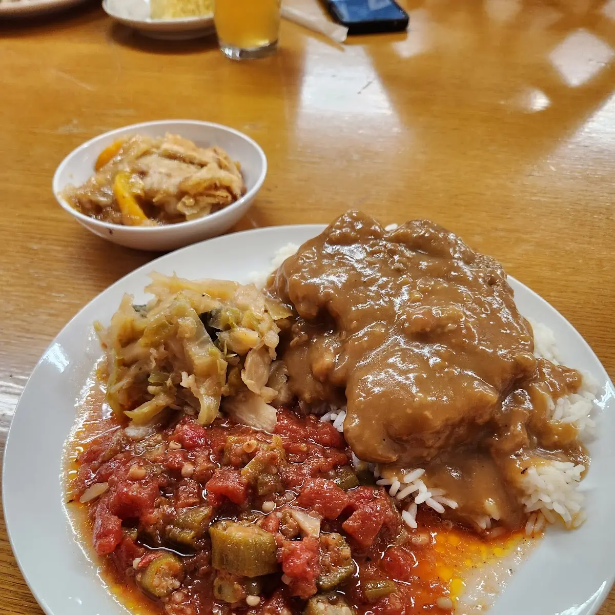 Smothered Pork Chop with Okra and Tomatoes and Cabbage