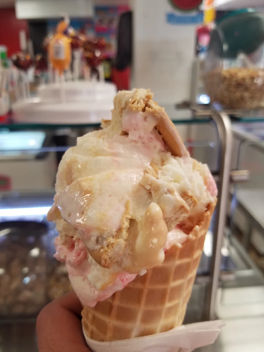 Strawberry Cheesecake and Dulce De Leche on Waffle Cone