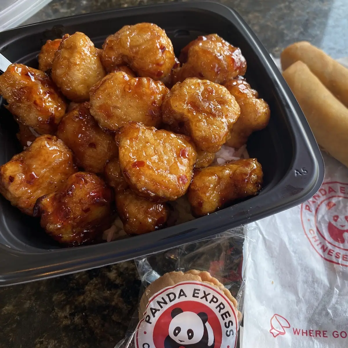Beyond Orange Chicken with White Rice and Veggie Spring Rolls