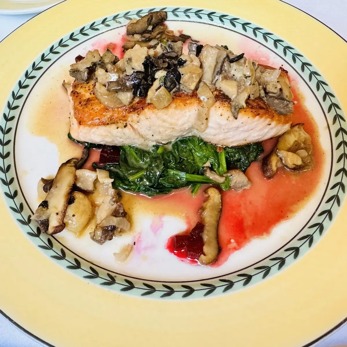 Salmon Topped with Wild Mushrooms & Black Truffle