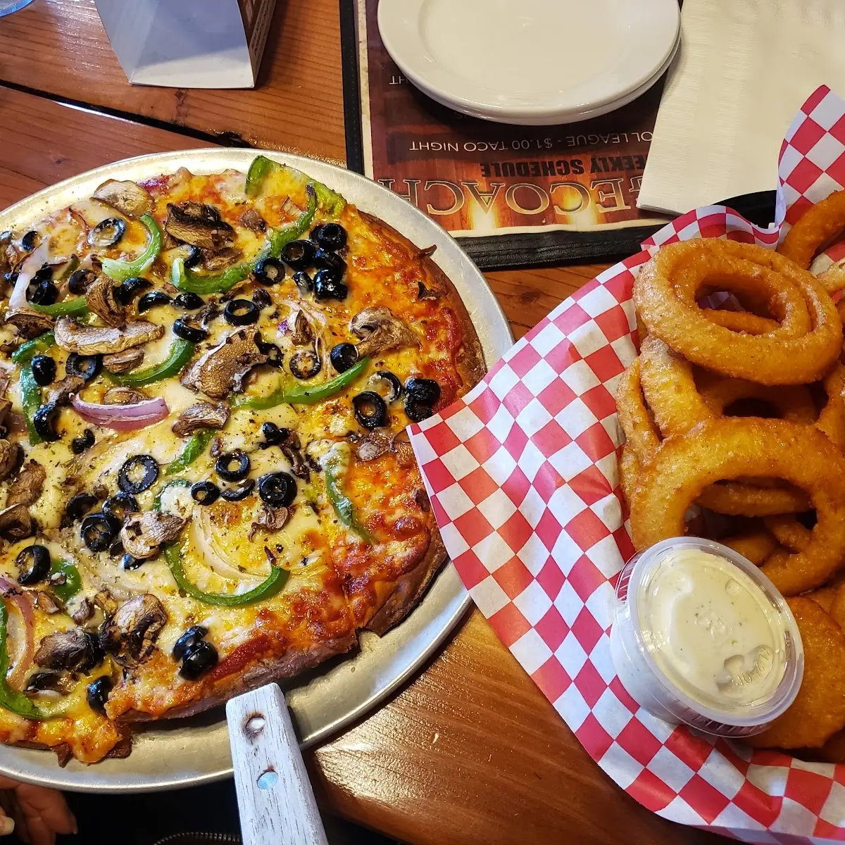 Veggie Pizza and Onion Rings