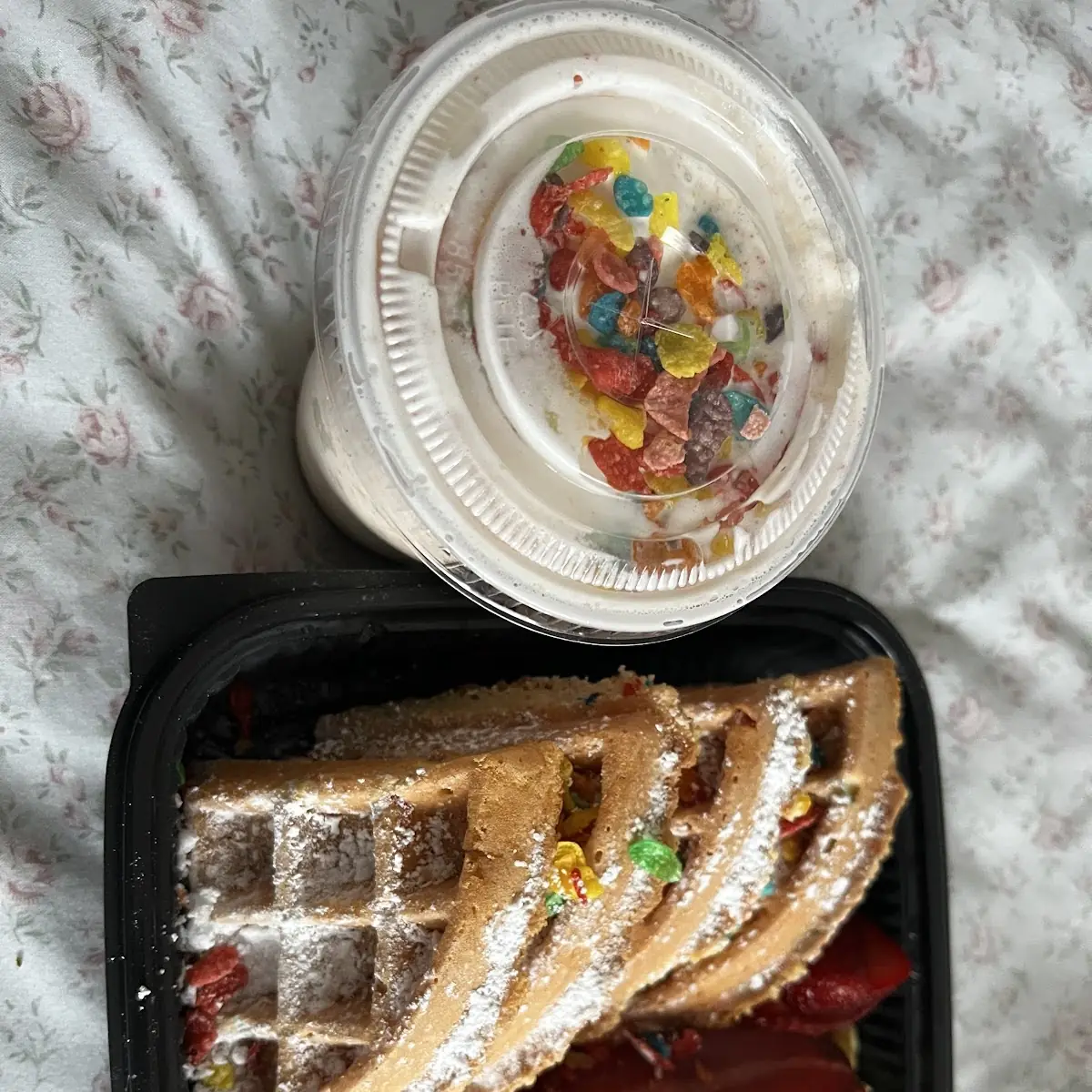 Fruity Pebble Waffles Scrambled Eggs Turkey Bacon Fruity Pebble Shake