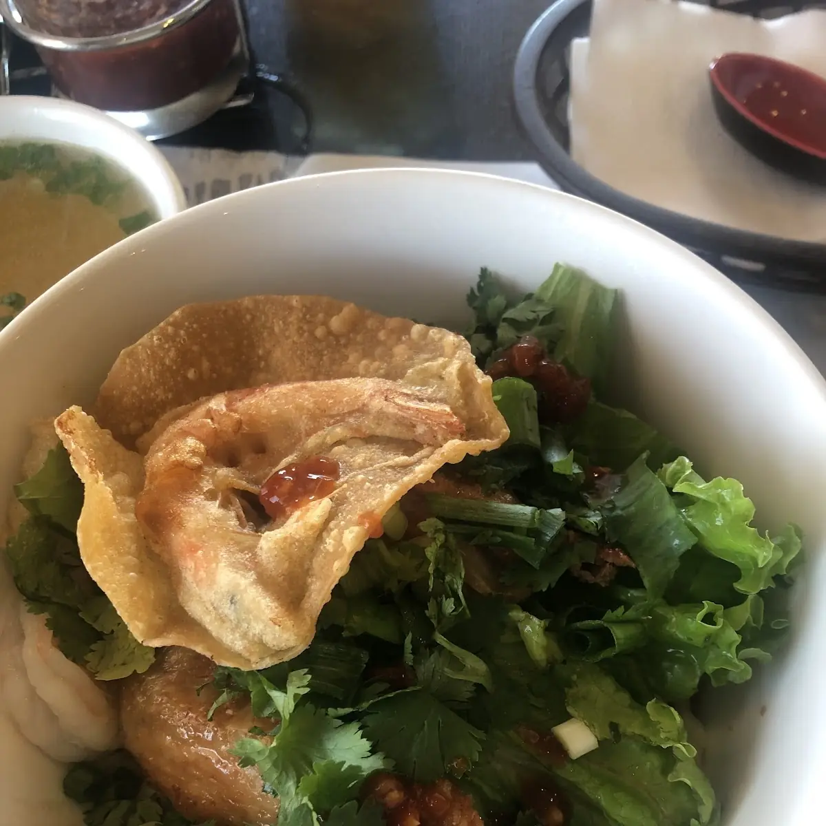 Egg Noodle Soup Top with Fried Wonton