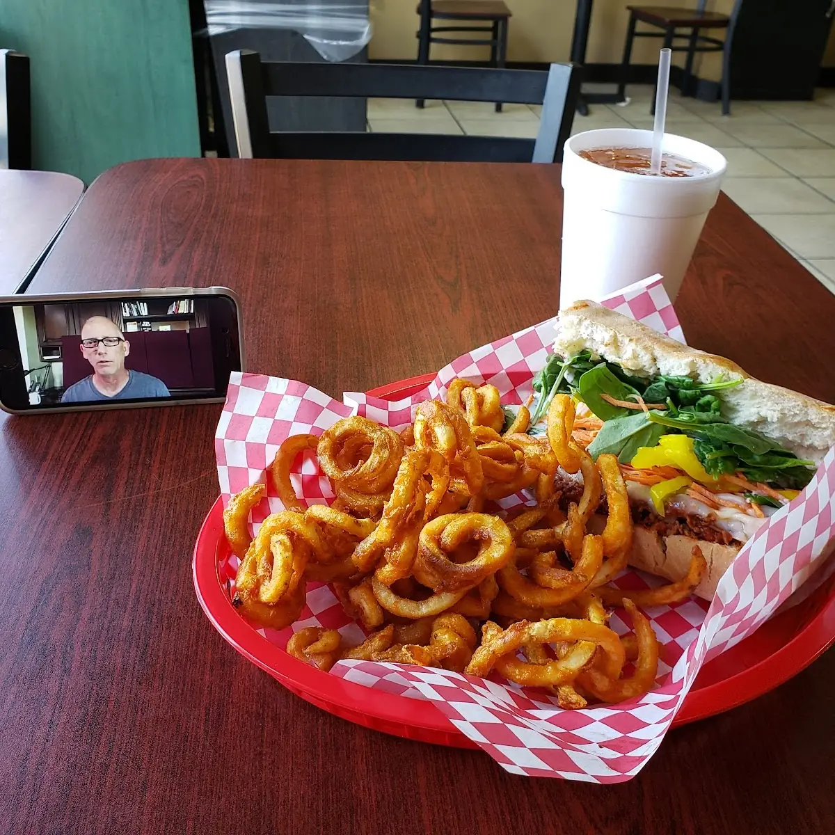 Cheese Steak Curly Fries and a Drink