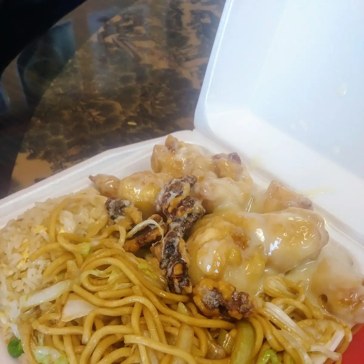 Walnut Shrimp Half Chow Mein and Fried Rice