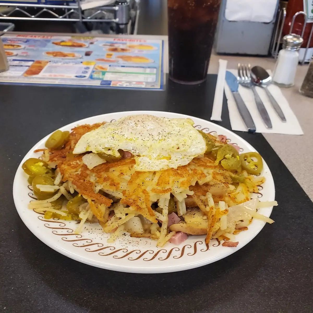 Chili Cheese Omelet with Hashbrowns