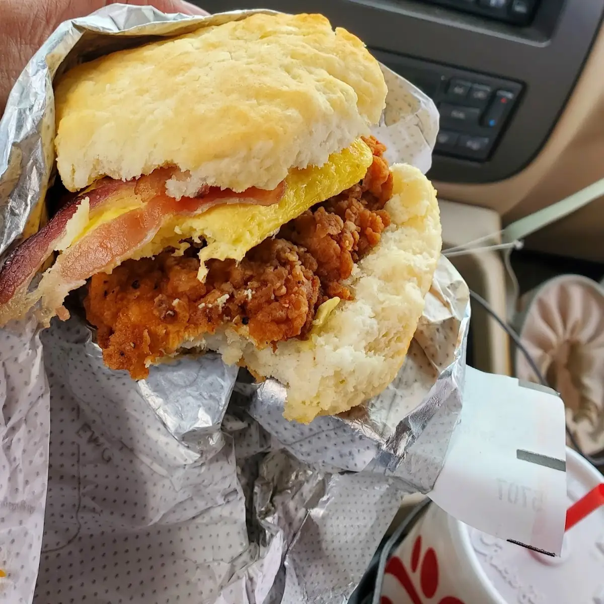 Spicy Chicken Biscuit w Egg & Bacon