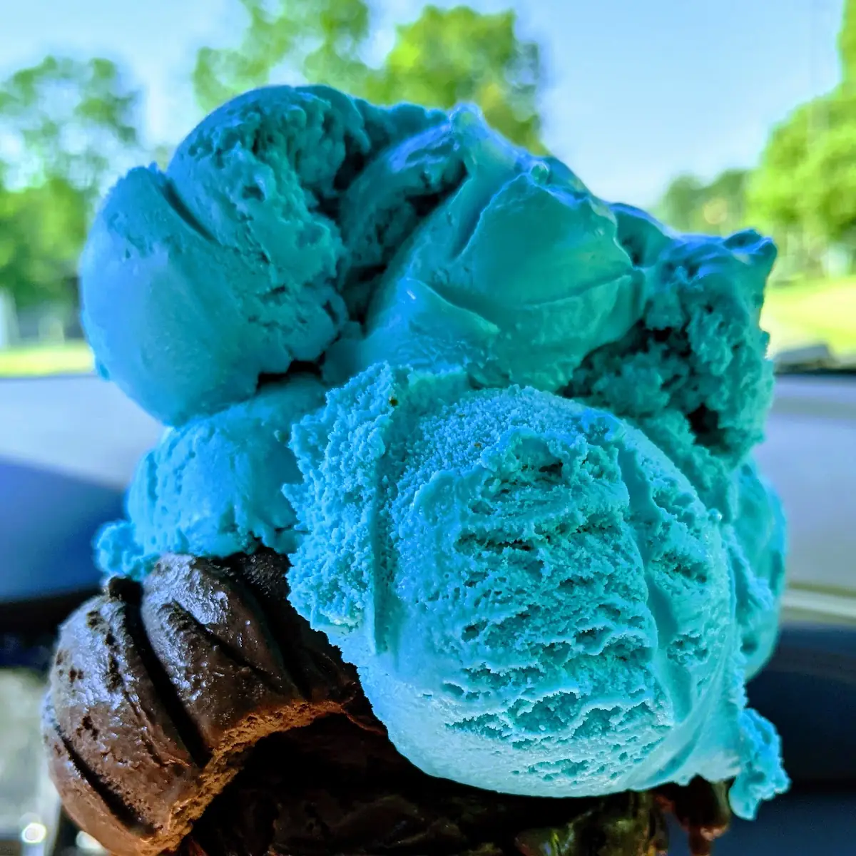 Single Chocolate and Blue Moon on a Waffle Cone