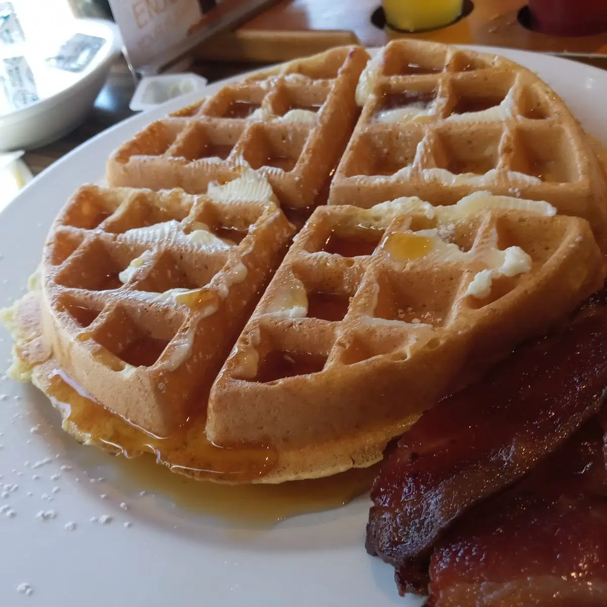 Pumpkin Spice Waffles Bacon 3 Eggs w Potatoes
