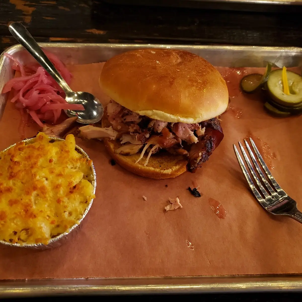 Pulled Chicken Sandwich and Macaroni and Cheese