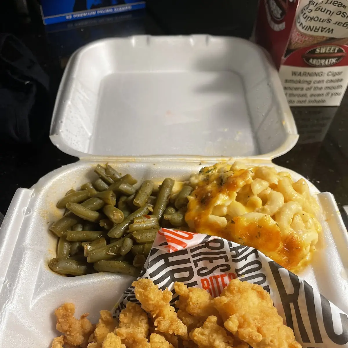 Fried Lobster with Green Beans and Mac and Cheese