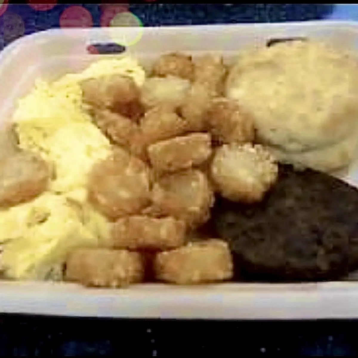 Breakfast Plate w Scrambled Eggs Sausage and Hash Rounds