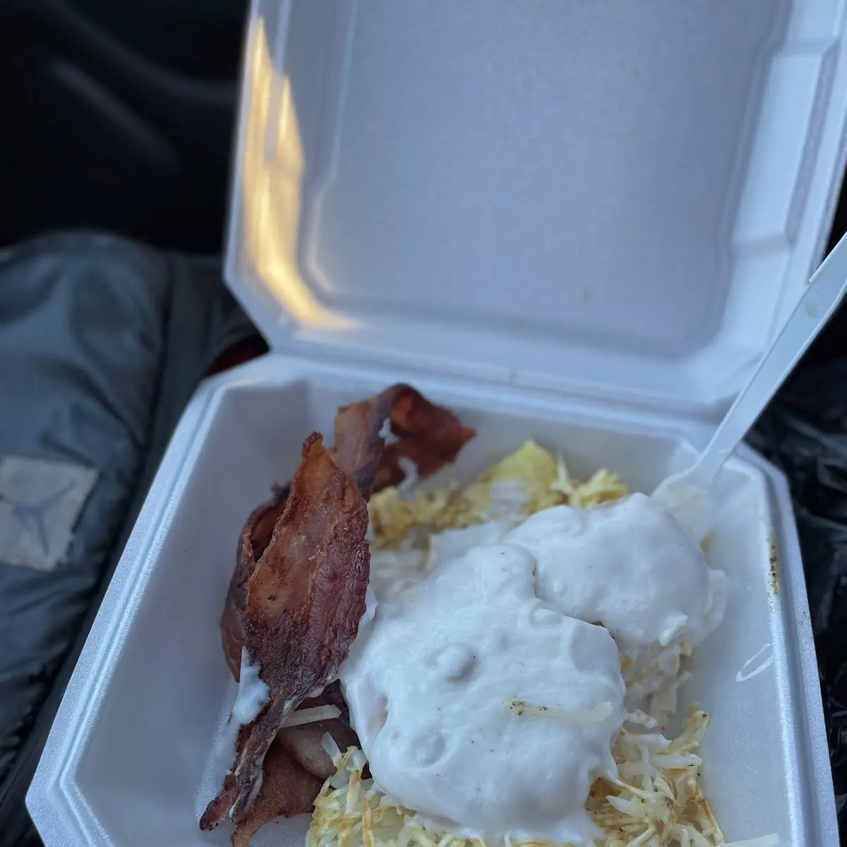 Drive Through Bacon Hash Browns Biscuits and Gravy and Eggs